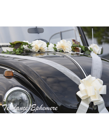 Noeud tulle et ruban satin blanc - décoration voiture mariage lot